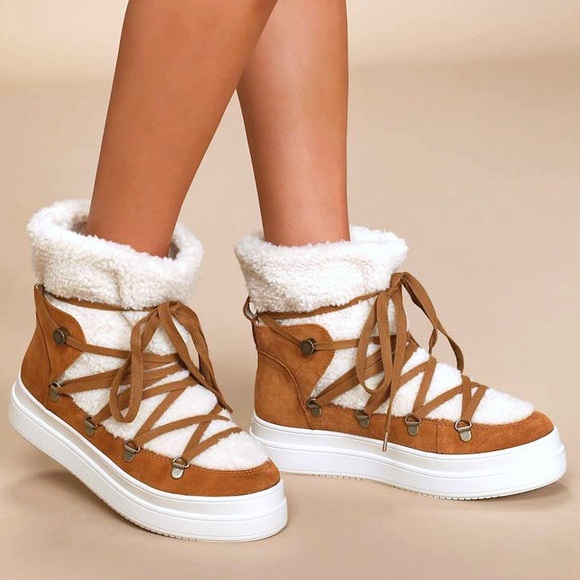 J Slides Shoes - J/Slides Newbie Tan Suede Leather Faux Shearling Platform Booties Boots